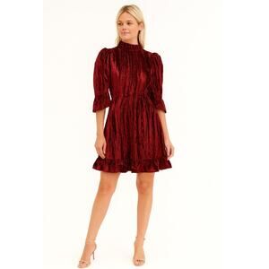 Batsheva Ruffled Plissé Cotton-Velvet Mini Dress 2 Red NEW